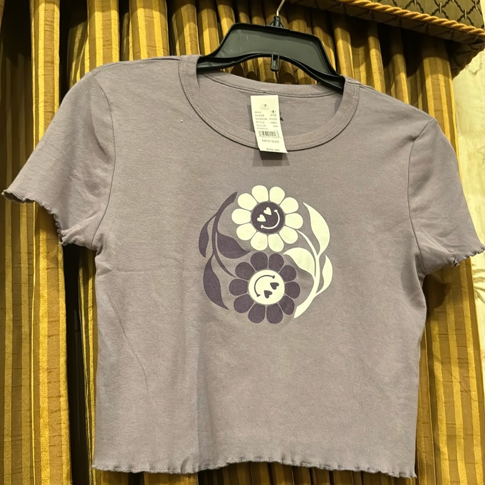 Medium purple shirt with dark purple and white flowers